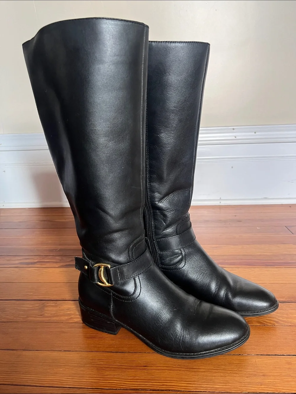 Lauren Ralph Lauren Norah Black Leather Tall Riding Boots Size 8B Gold Buckle